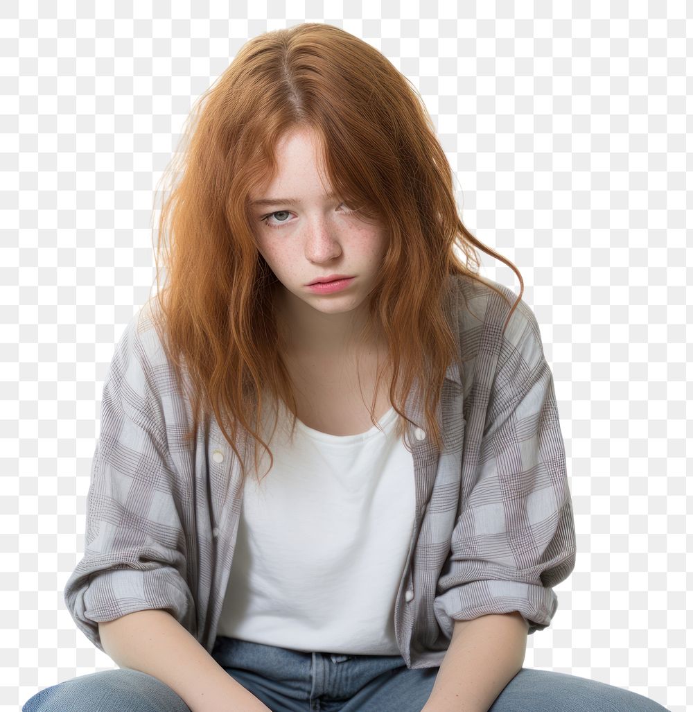 PNG  A depressed teenage girl portrait worried white. AI generated Image by rawpixel.