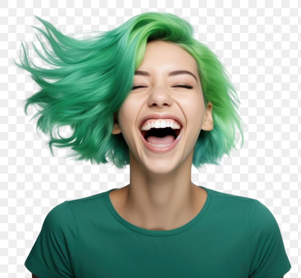 PNG  A happy woman with green hair laughing adult white background. AI generated Image by rawpixel.