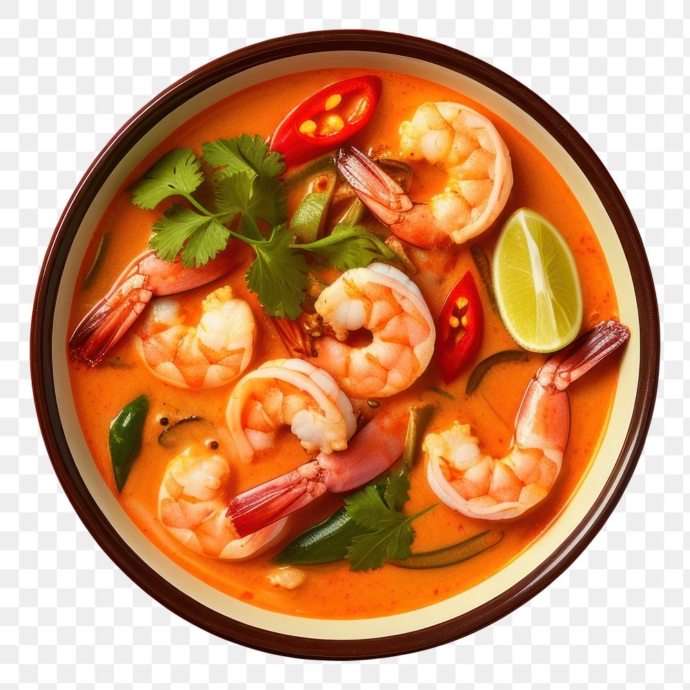 photo of *tom yum kung* top view, 8k, isolated on solid pastel color studio background --ar 3:2