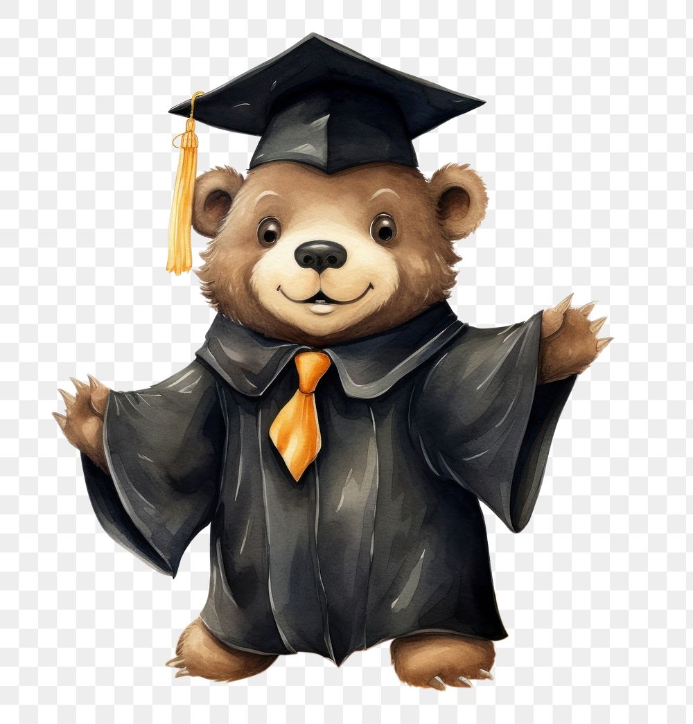 PNG Cute grizzly bear wearing black graduation regalia gown education portrait cartoon. AI generated Image by rawpixel.