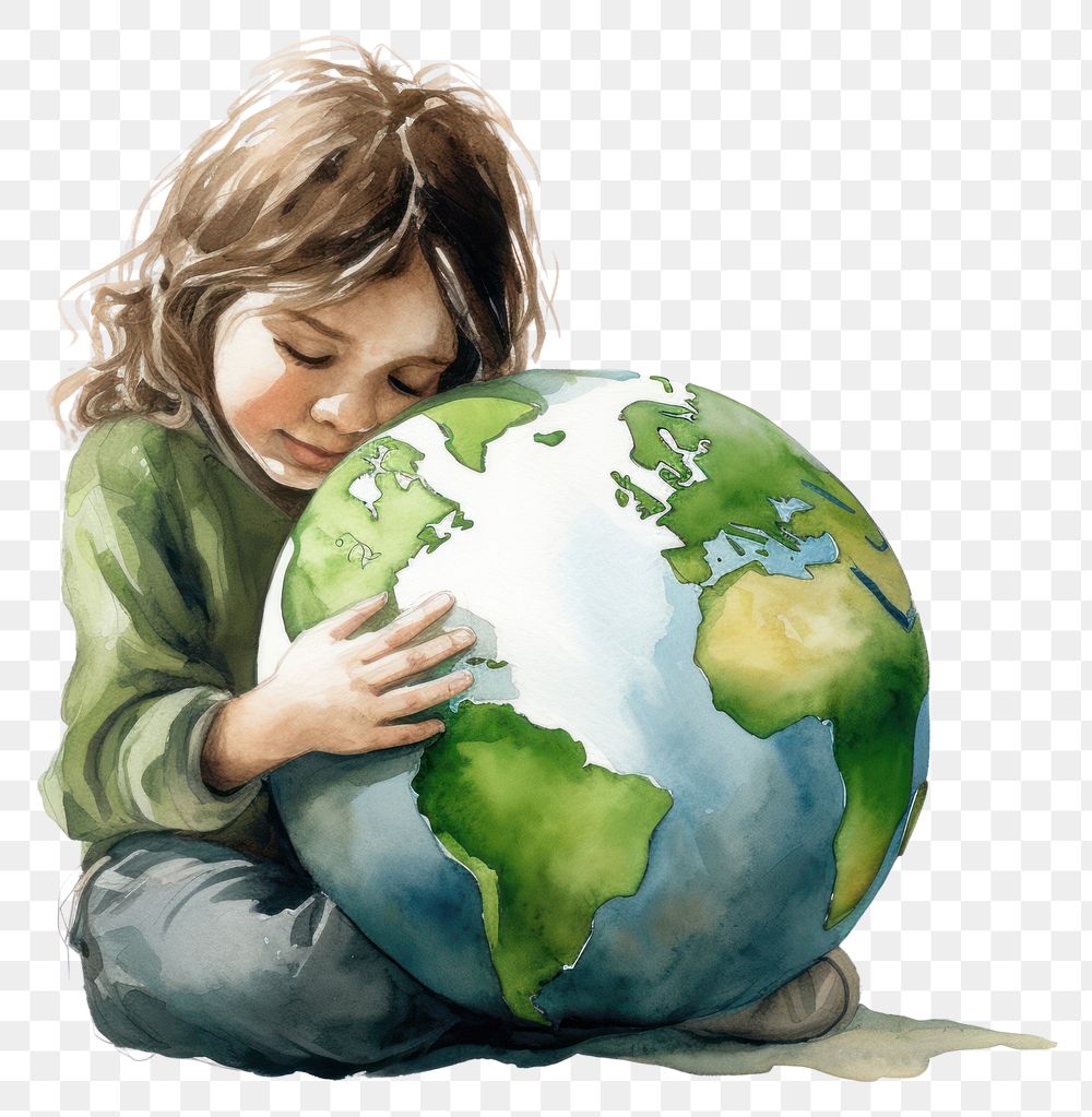 PNG  A little girl hugging a green globe sphere planet photography. AI generated Image by rawpixel.