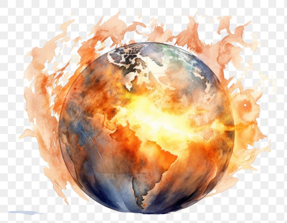 PNG  Polluted globe burining in flame sphere planet space. AI generated Image by rawpixel.