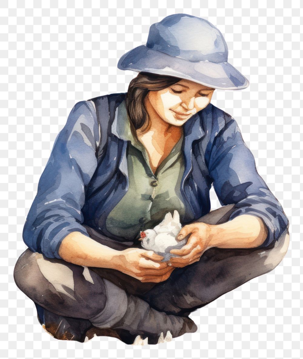 PNG  Woman farmer collecting chicken eggs in a barn cartoon adult cross-legged. AI generated Image by rawpixel.