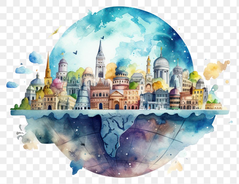 PNG  Globe with tourist attractions architecture building painting. AI generated Image by rawpixel.
