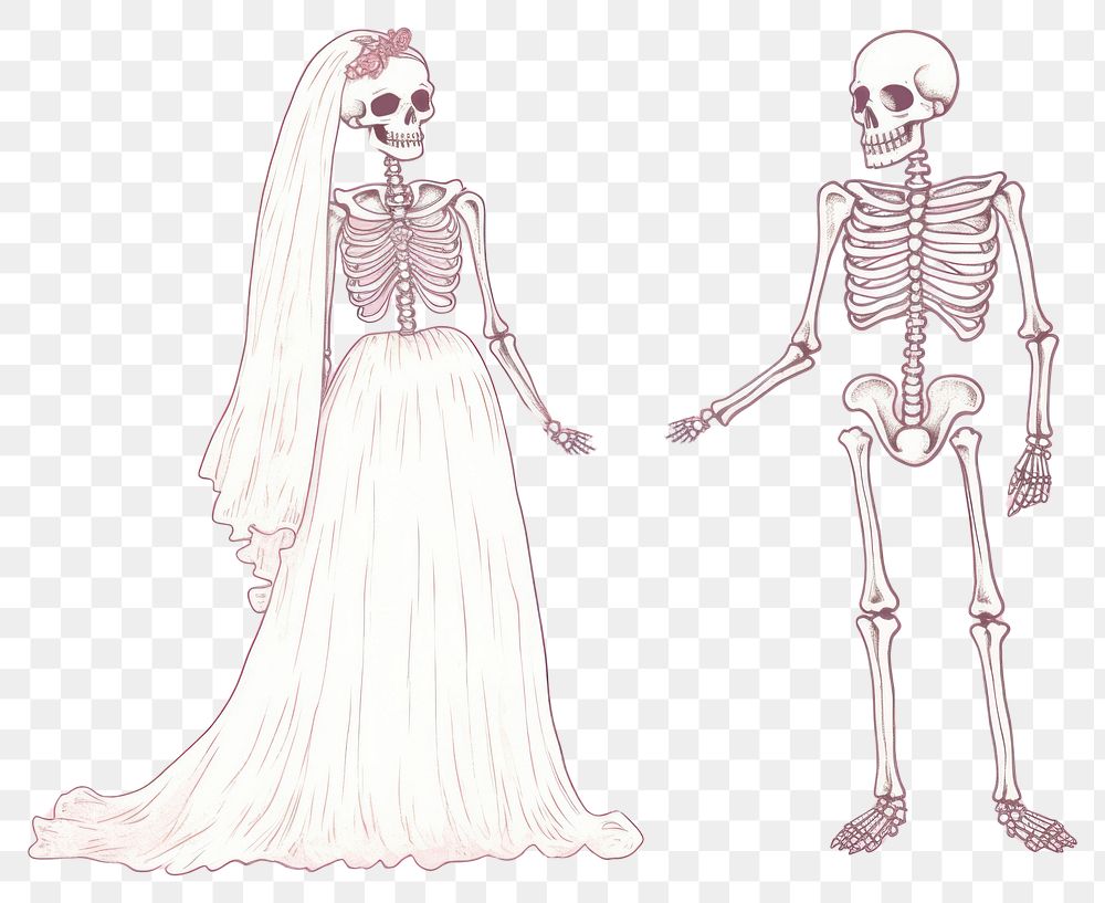 PNG Skeleton couple married wedding bride dress. 