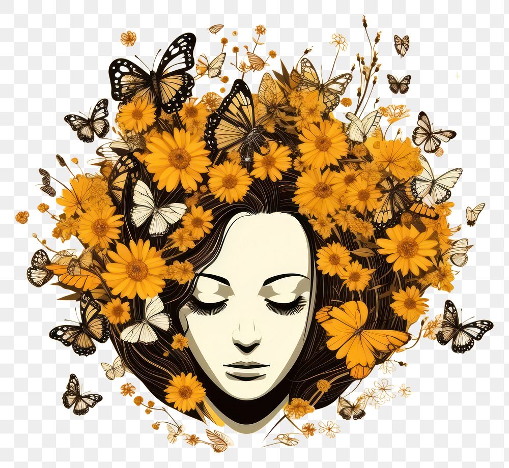 PNG  Head with sunflowers butterfly drawing sketch. AI generated Image by rawpixel.