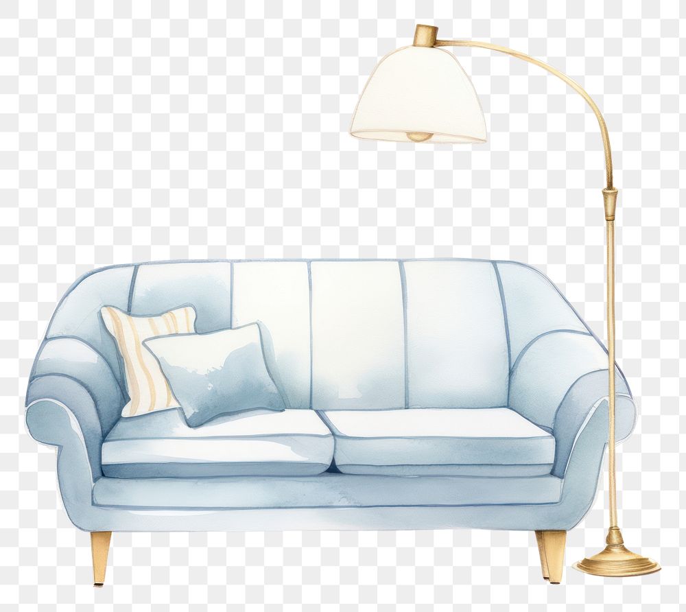 PNG Baby blue couch and lamp furniture comfortable relaxation. AI generated Image by rawpixel.