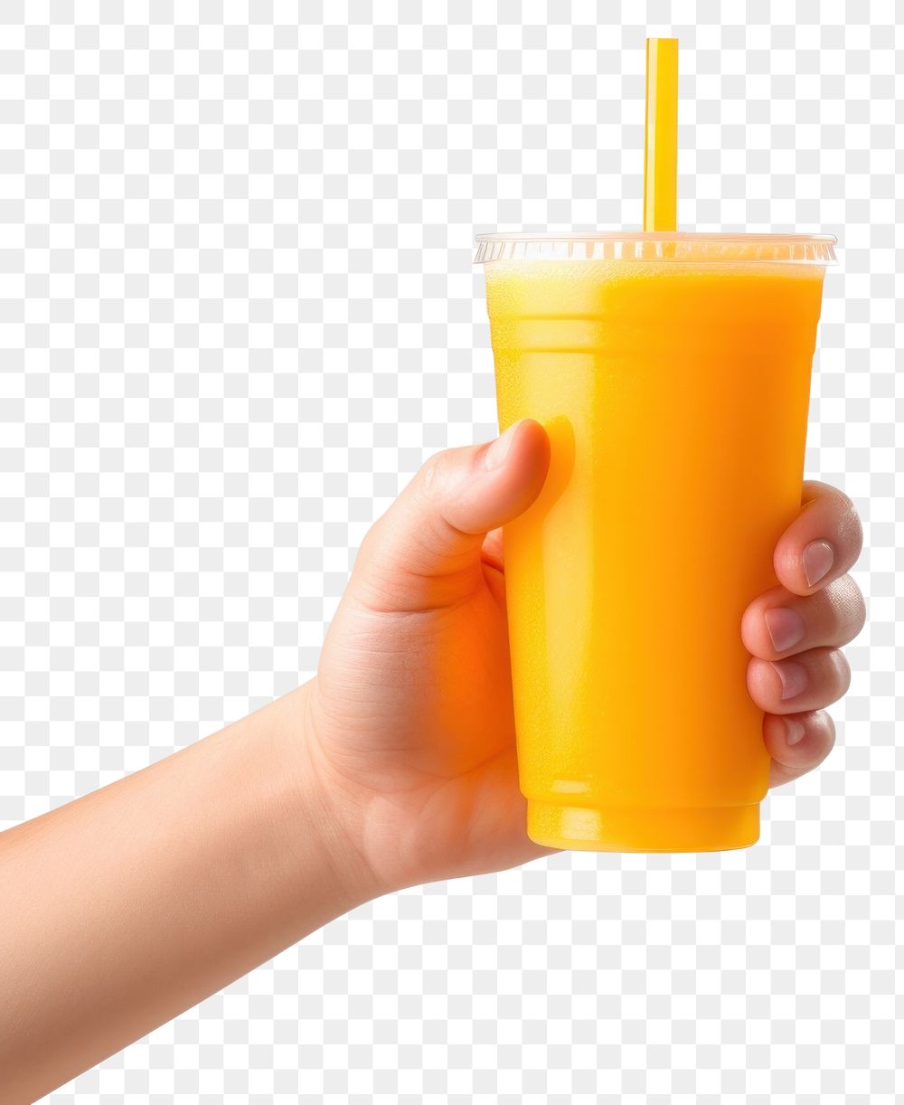 PNG Hand holding orange juice drink cup refreshment. AI generated Image by rawpixel.