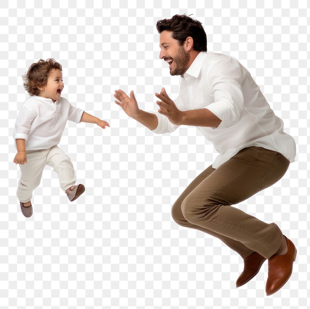 PNG  Father and son jumping adult white background. AI generated Image by rawpixel.