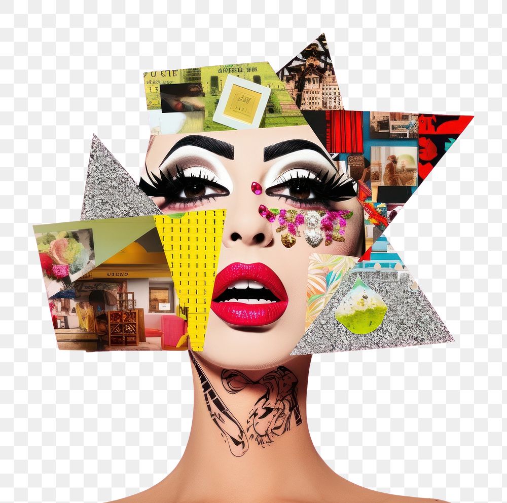 PNG  Symbolic mixed collage graphic element representing of drag queen person female tattoo.