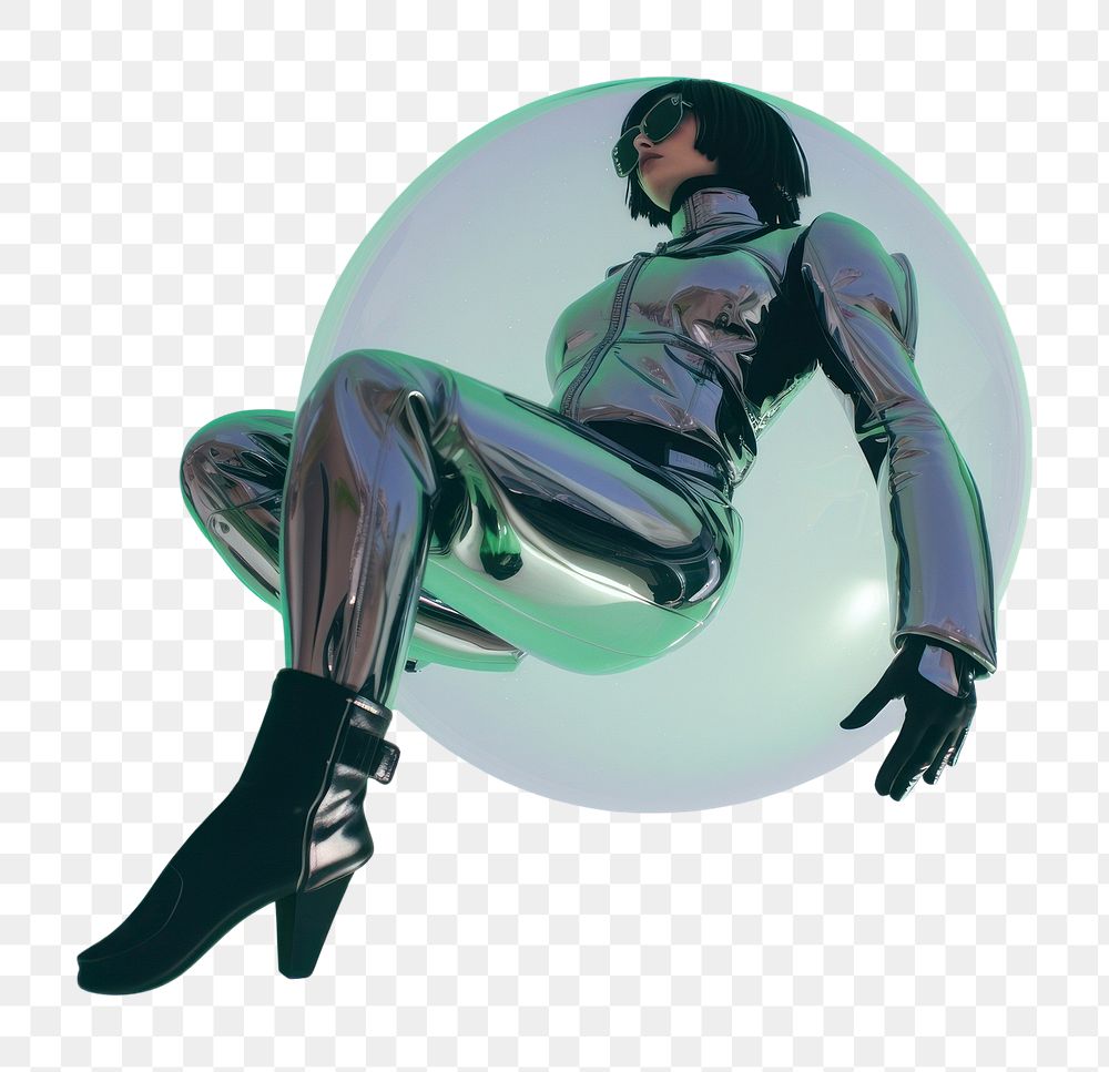 PNG  A cyberpunk astronaut floating in metalic bubble clothing footwear apparel.