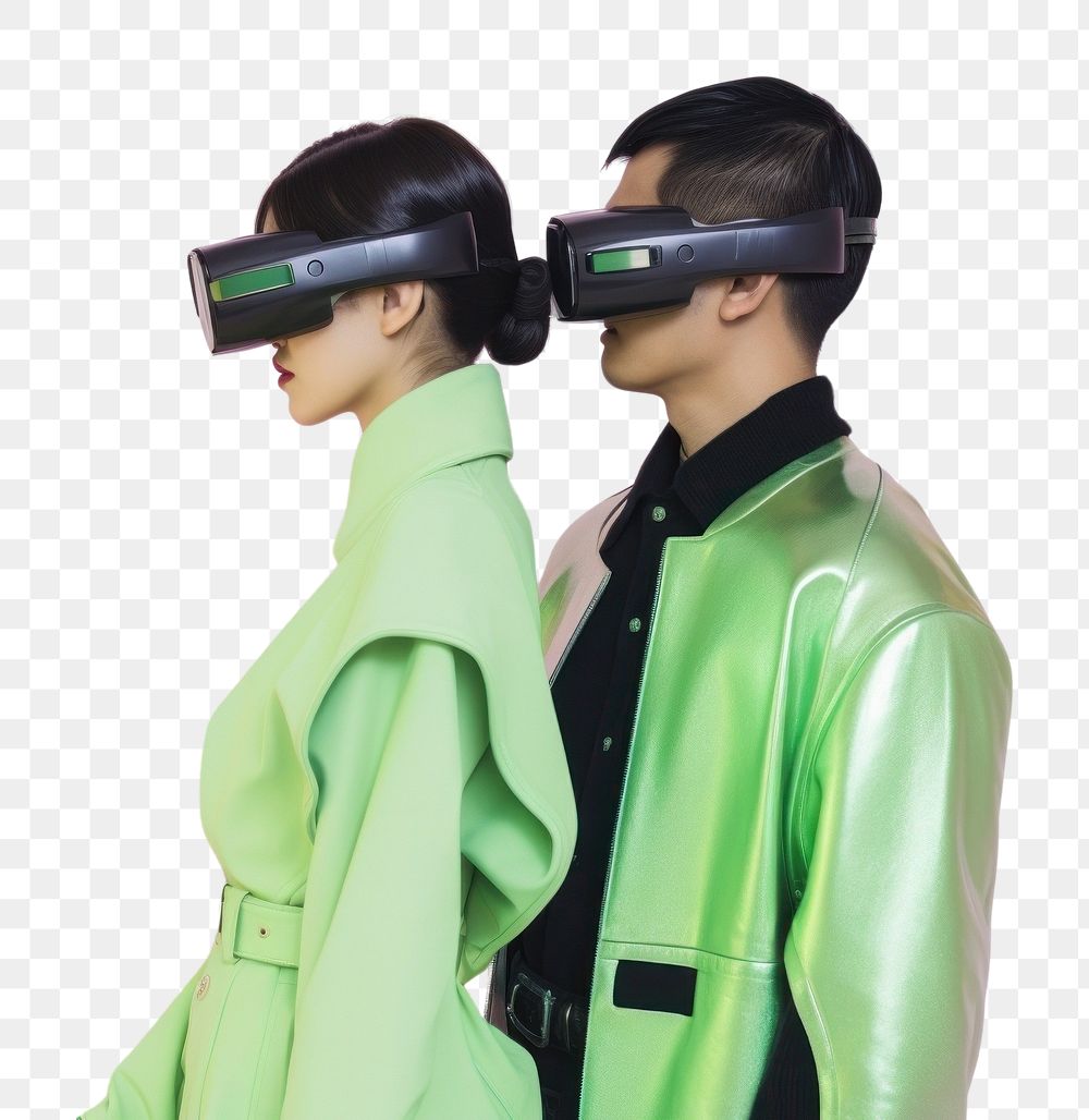 PNG  Photograph of couple dating wearing futuristic virtual reality glasses clothing apparel coat.
