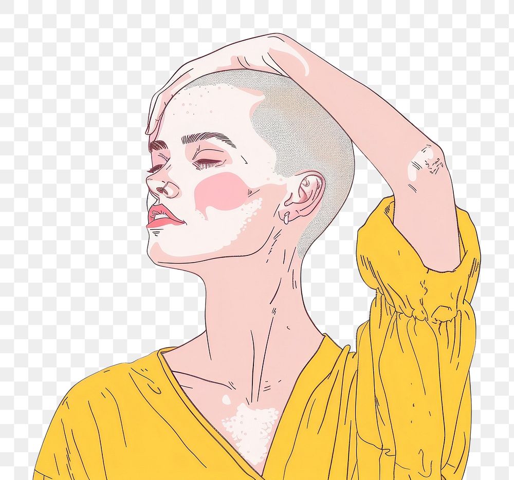 PNG Bald middle age woman touching shaved head flat illustration art illustrated drawing.