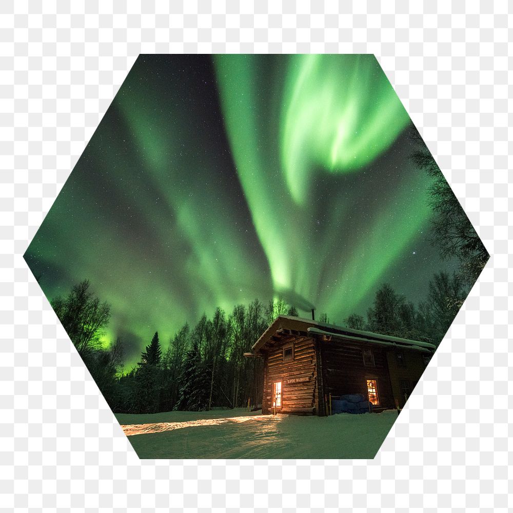 Green aurora png lights badge sticker, travel photo in hexagon shape, transparent background