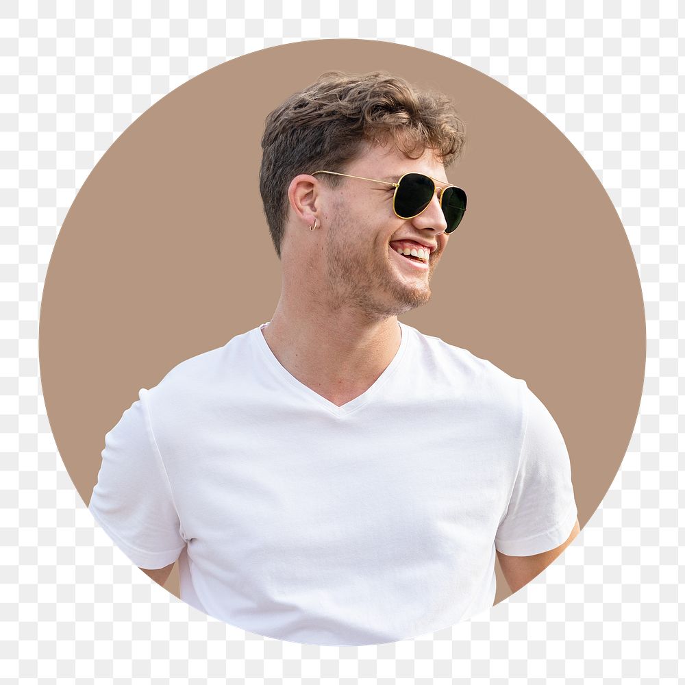 Happy man png badge sticker, person photo in circle badge, transparent background