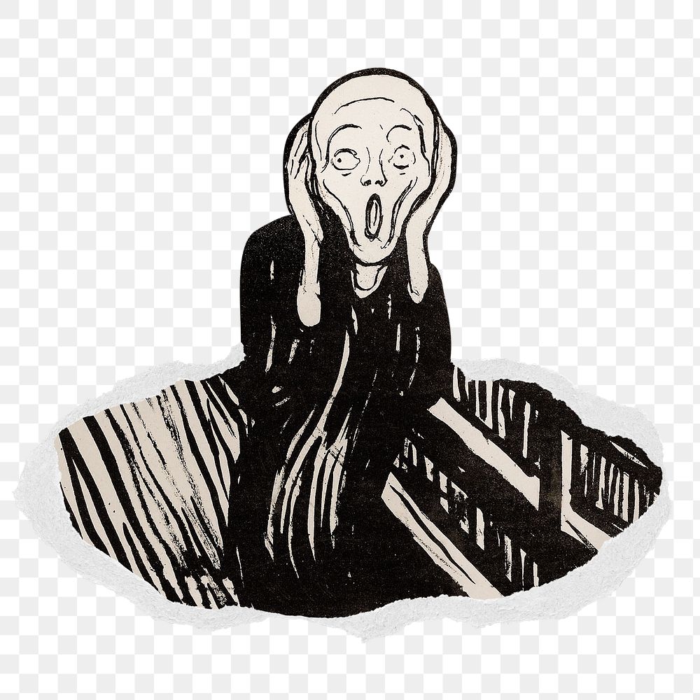 The Scream png sticker, famous painting in ripped paper badge, transparent background,  remixed by rawpixel 