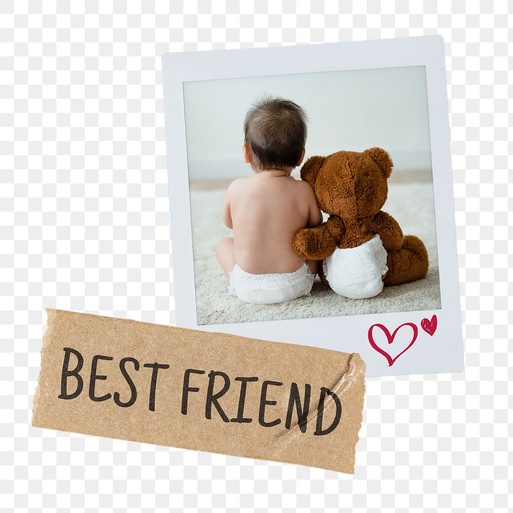 Best friend png instant photo, baby sitting with teddy bear on transparent background