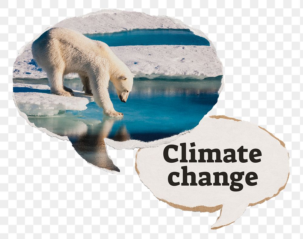 Climate change png paper speech bubble sticker, polar bear stepping on ice, transparent background