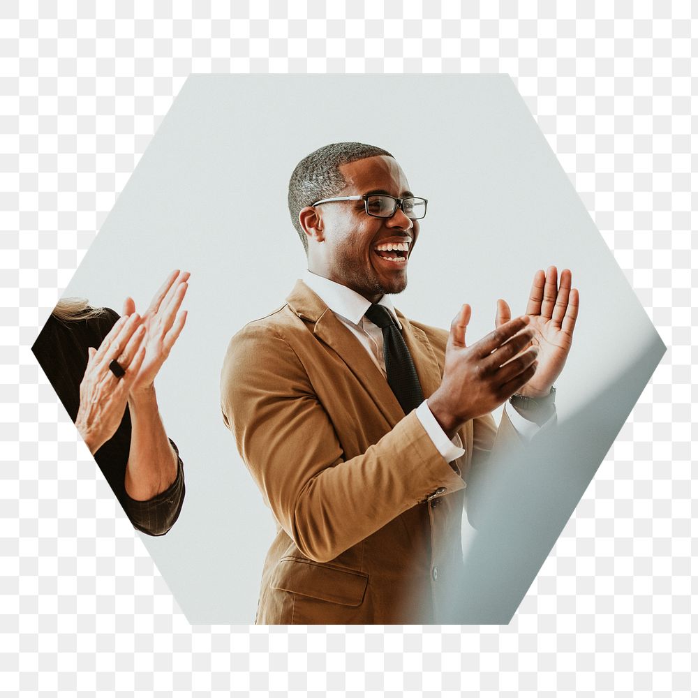 Png black businessman clapping badge sticker, success photo in hexagon shape, transparent background