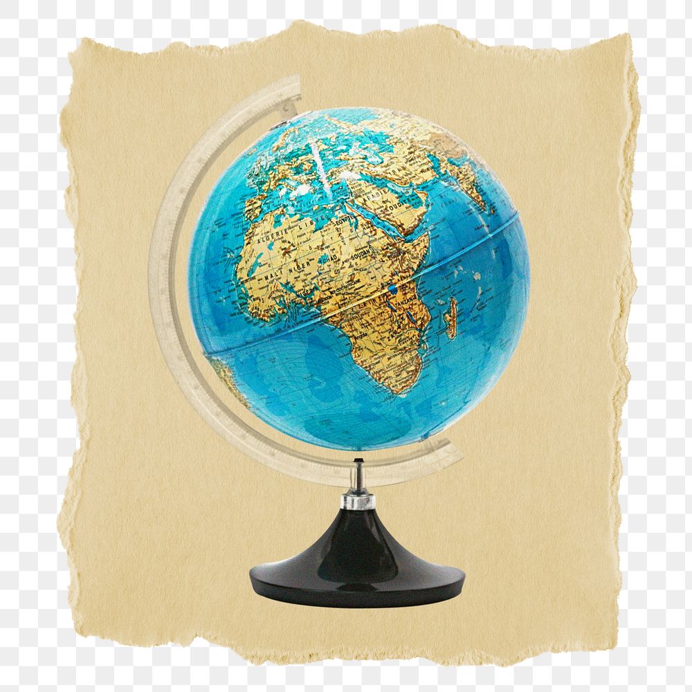 Globe, education png sticker, ripped paper on transparent background