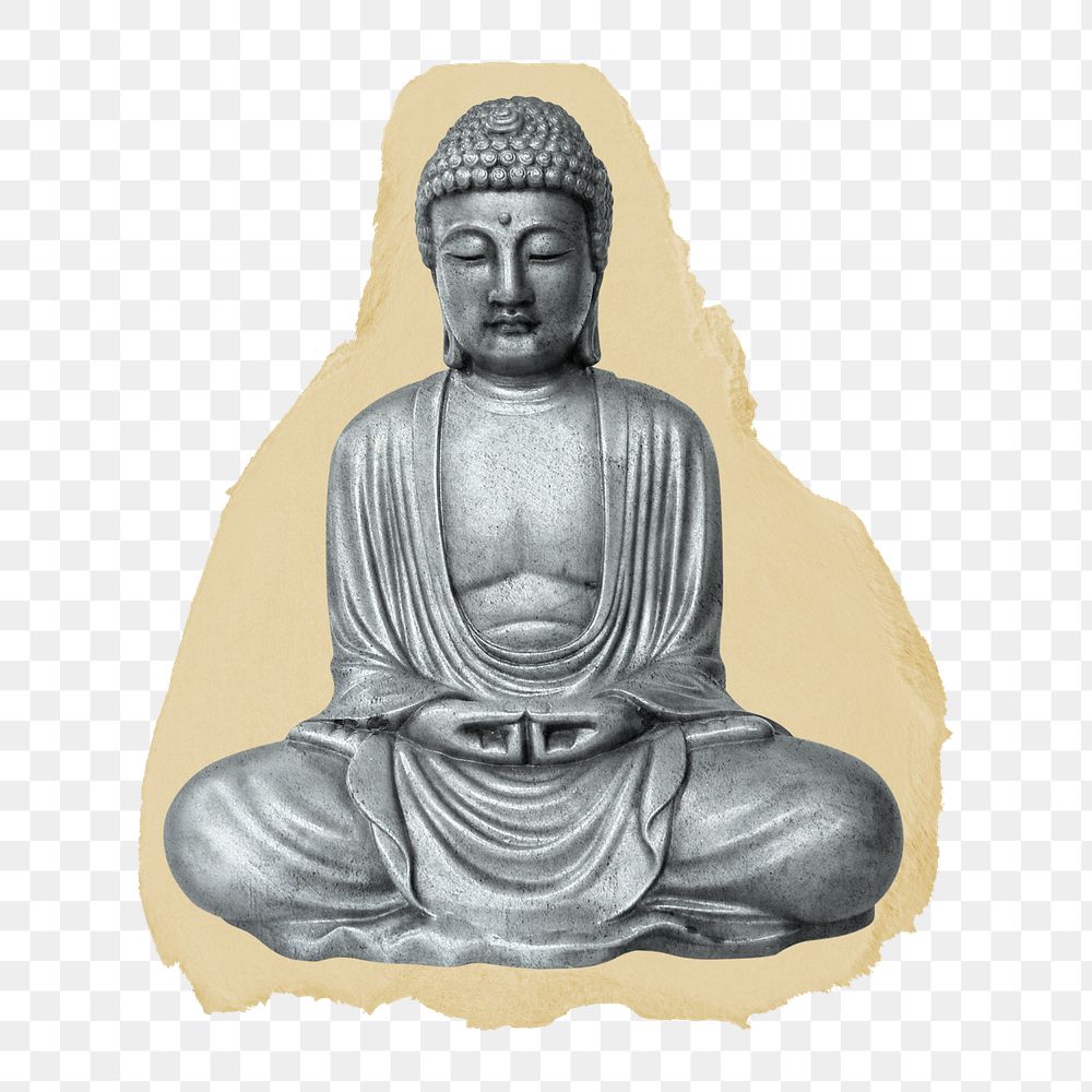 Buddha statue png ripped paper sticker, Buddhism religion sculpture graphic, transparent background