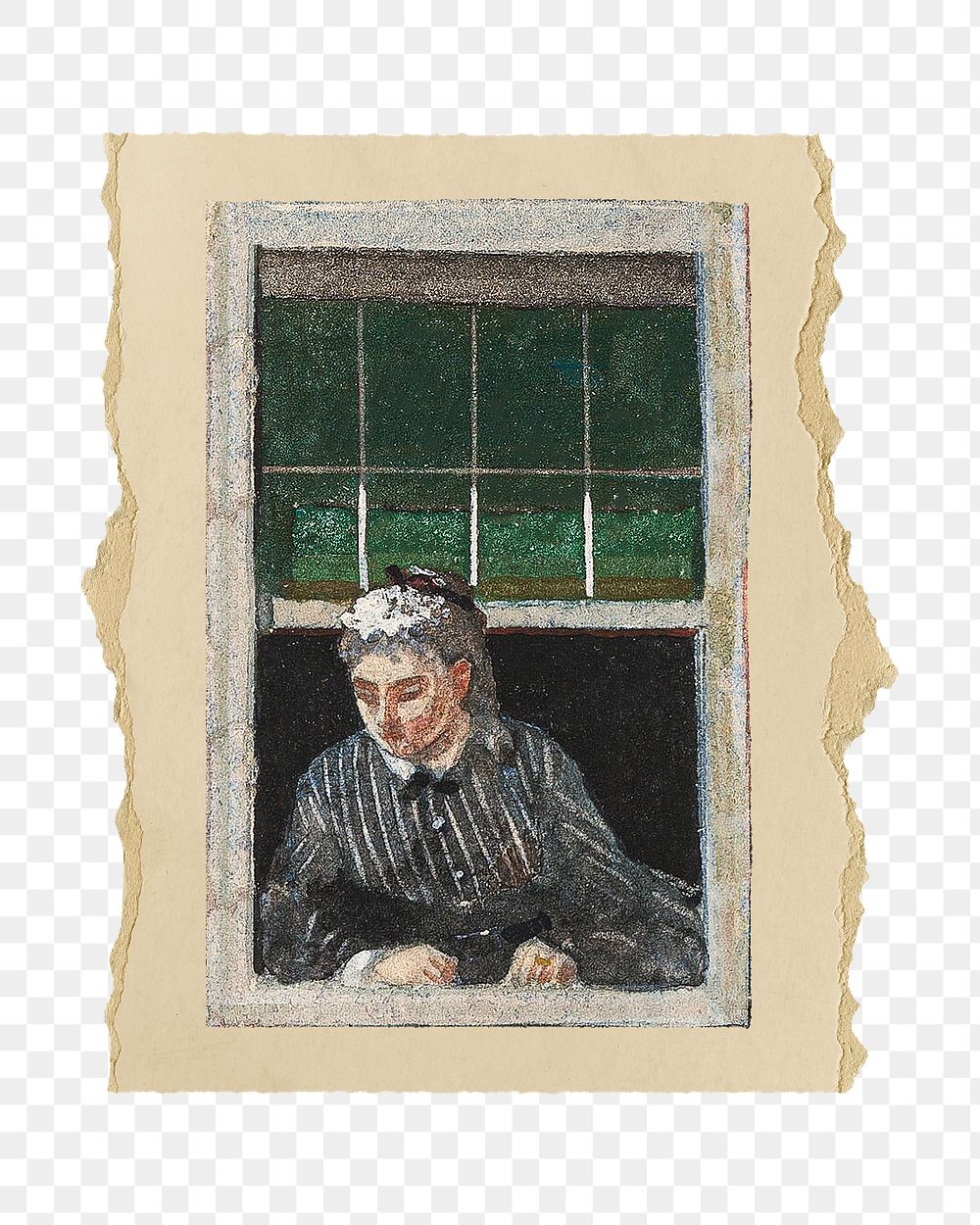Vintage window png sticker, Winslow Homer-inspired artwork, transparent background, ripped paper badge, remixed by rawpixel