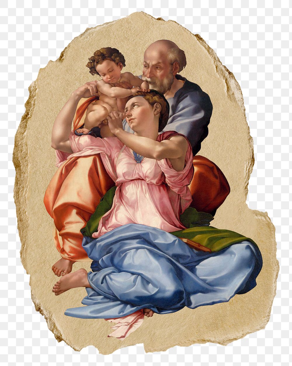 The holy family png sticker, Michelangelo-inspired artwork, transparent background, ripped paper badge, remixed by rawpixel