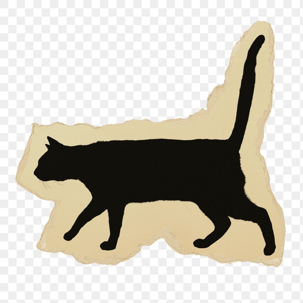 Cat silhouette png sticker, ripped paper, transparent background