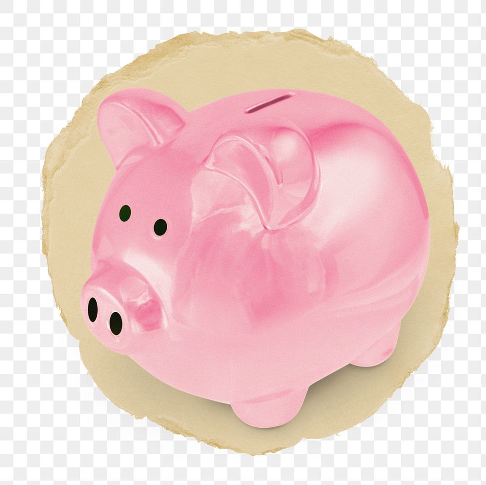 Piggy bank png sticker, ripped paper, transparent background