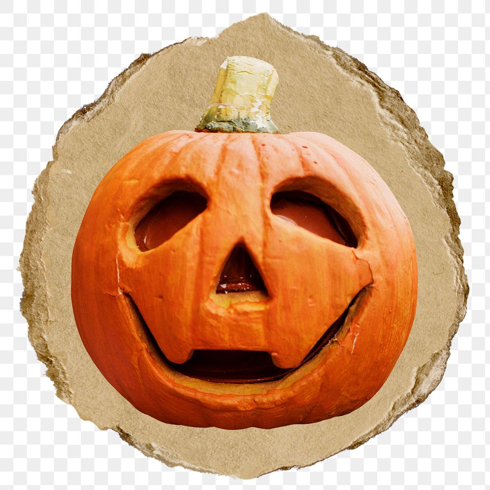 Png Halloween jack-o'-lantern sticker, ripped paper on transparent background