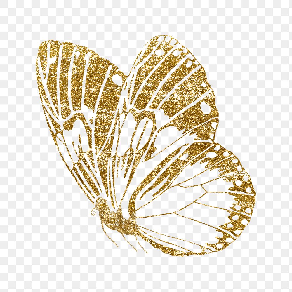 Gold butterfly png sticker, glittery aesthetic design, transparent background. Remixed from the artwork of E.A. Séguy.