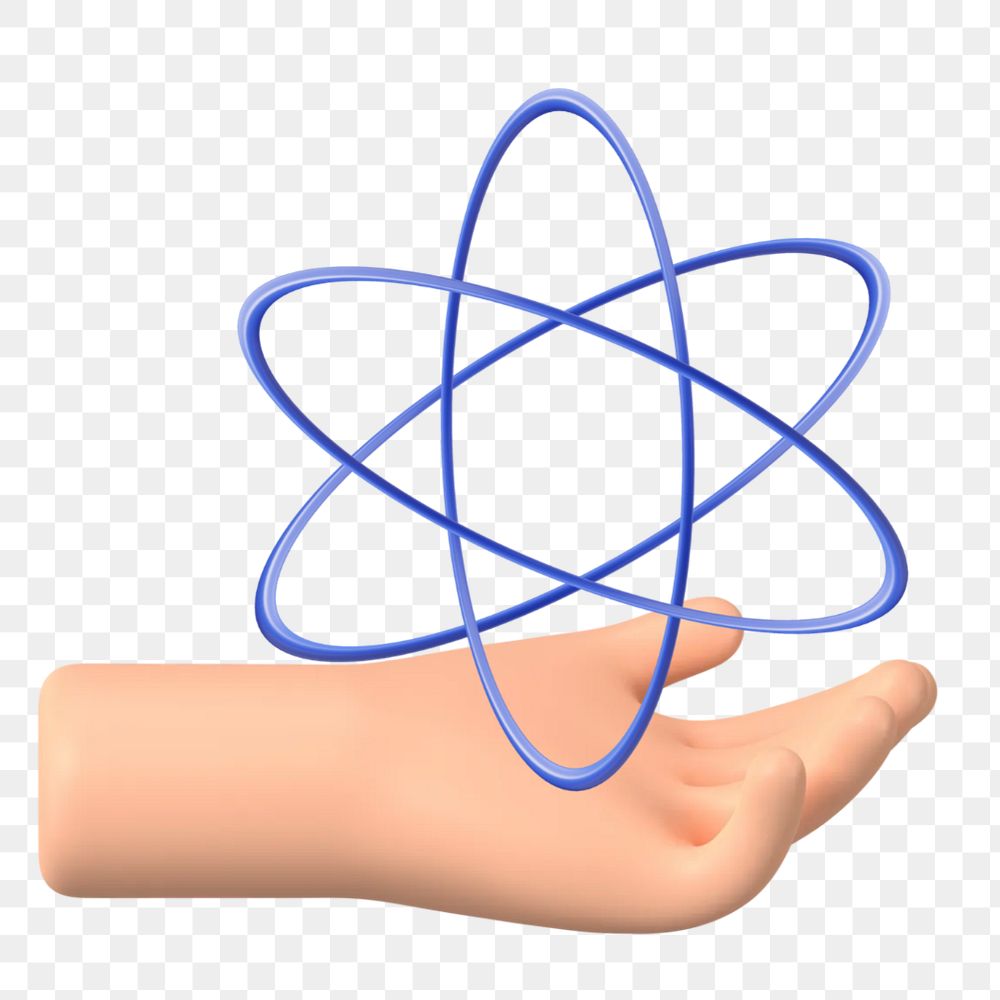 Hand presenting atom png sticker, science education 3D remix, transparent background