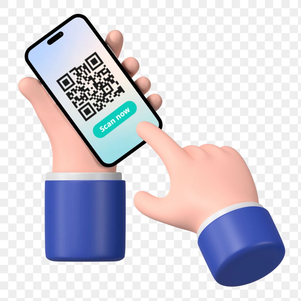 Hands png scanning QR code smartphone, 3D graphic, transparent background