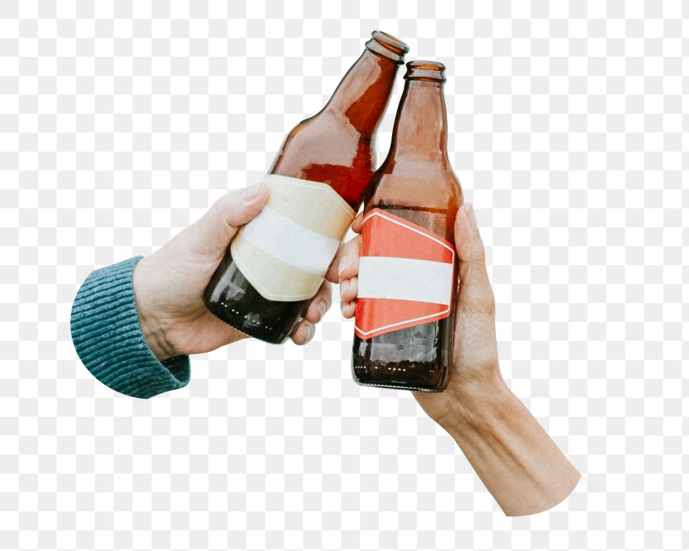 Hands cheering beer bottles png sticker, transparent background