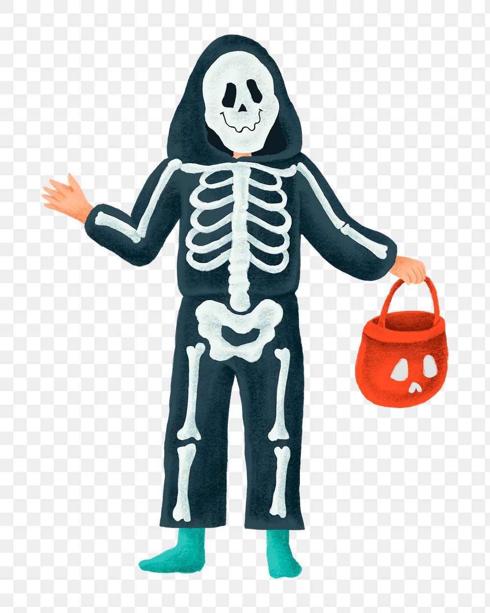 Boy png skeleton costume sticker, Halloween illustration, transparent background
