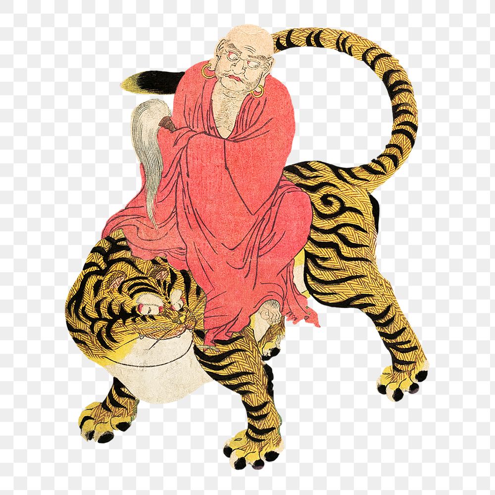 Man riding tiger png sticker, vintage Japanese on transparent background by Utagawa Hiroshige. Remastered by rawpixel.
