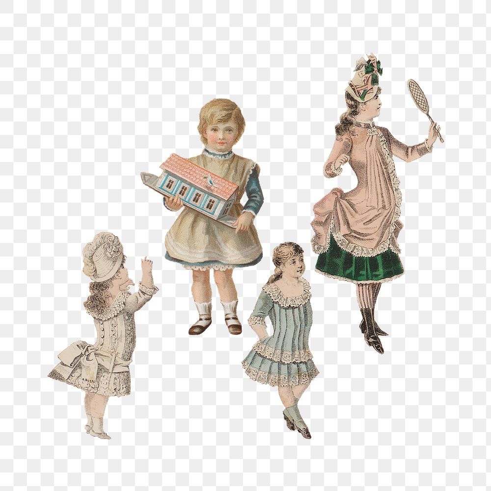 Victorian girls png with toys sticker, transparent background. Remastered by rawpixel.