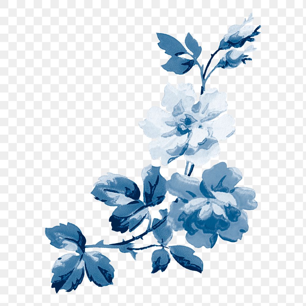 Aesthetic png blue vintage flower painting, transparent background