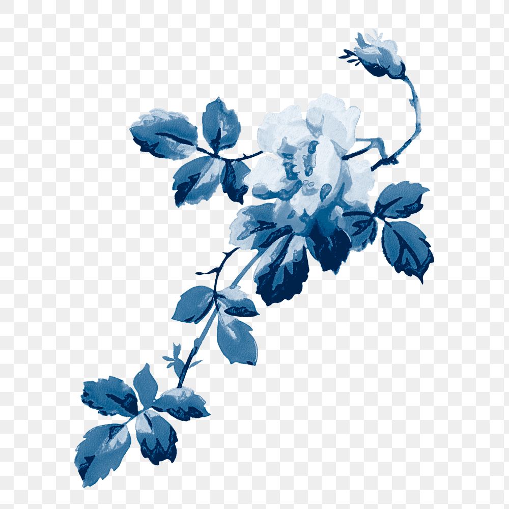Aesthetic flower png blue vintage painting, transparent background
