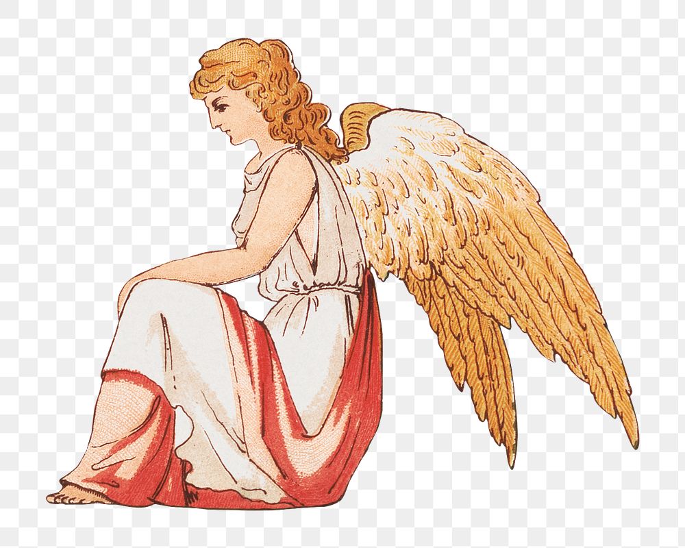 PNG Sitting angel, vintage illustration, transparent background.  Remixed by rawpixel. 