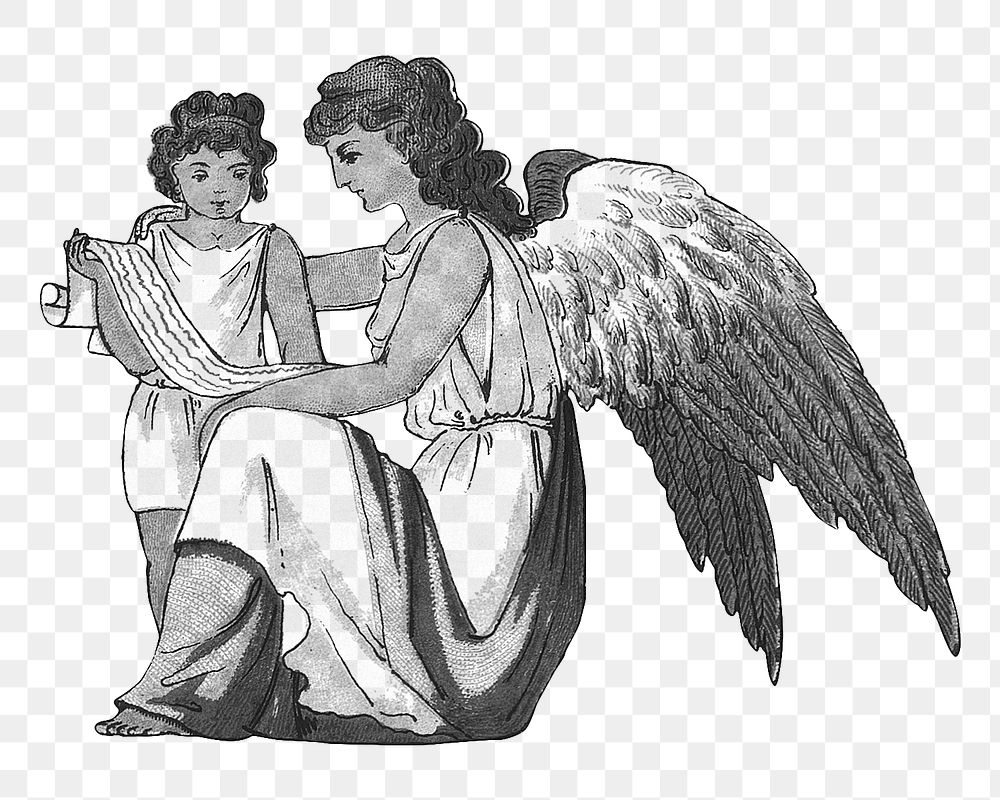 PNG Angel with her son, vintage illustration, transparent background.  Remixed by rawpixel. 