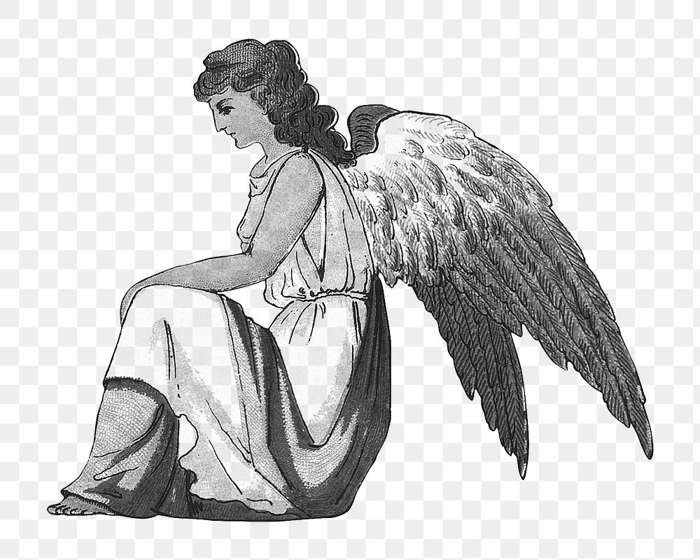 PNG Sitting angel, vintage illustration, transparent background.  Remixed by rawpixel. 