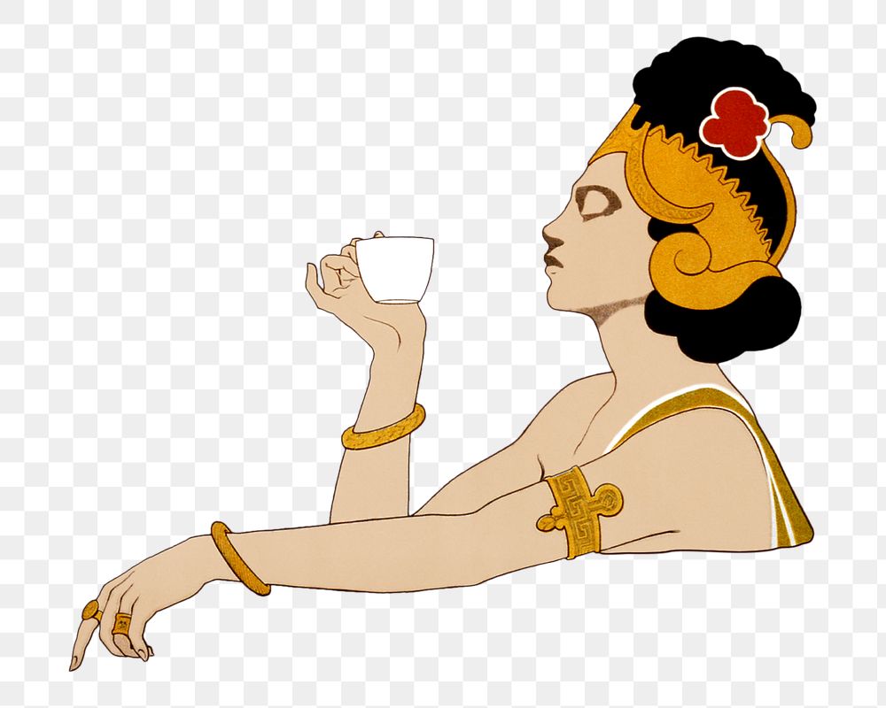 Vintage woman png drinking tea illustration, transparent background. Remixed by rawpixel. 