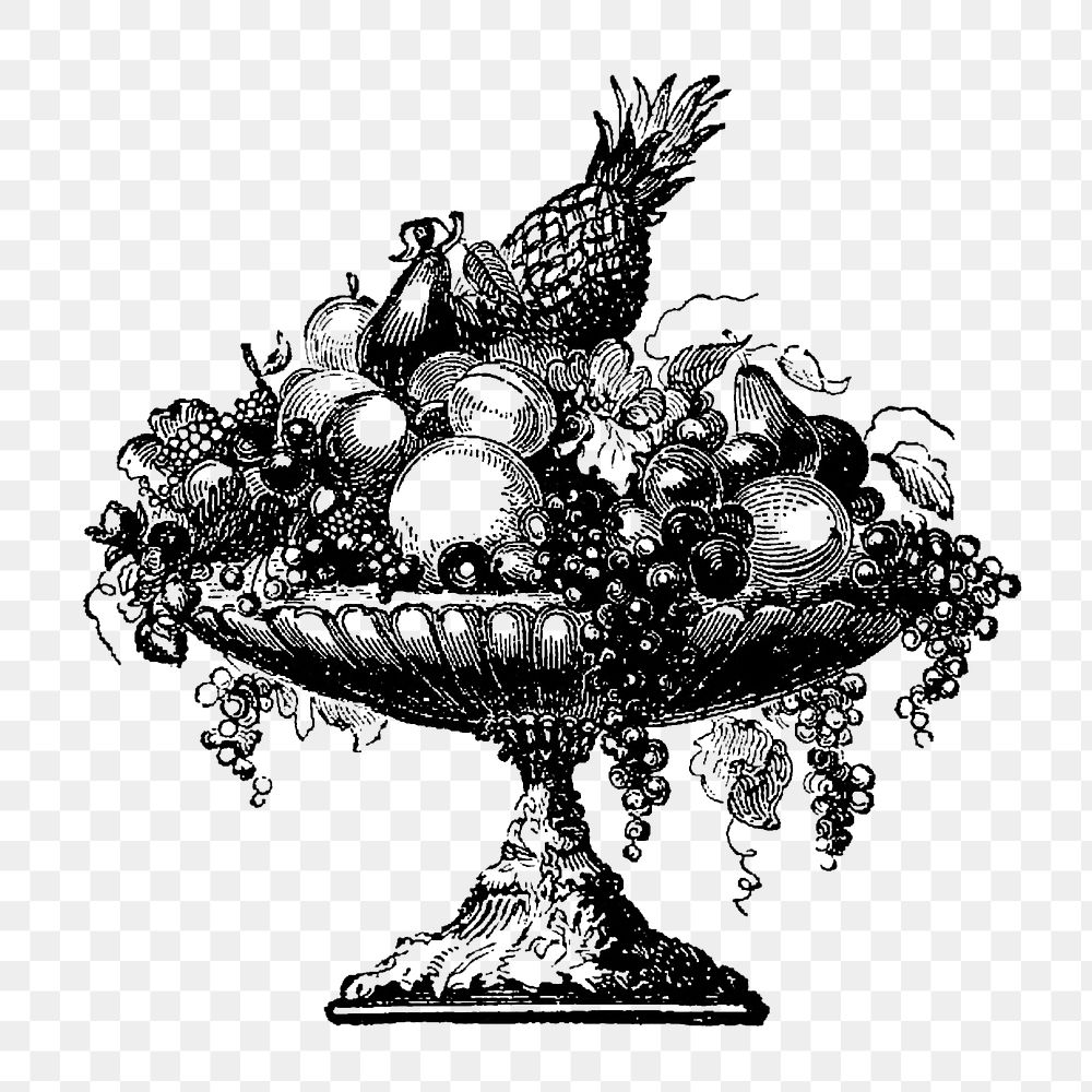 Vintage fruit bowl png illustration, transparent background. Remixed by rawpixel. 