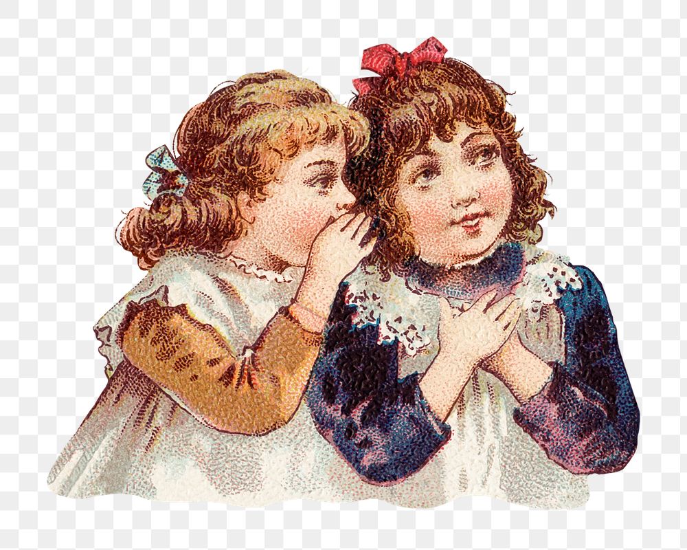 PNG Girls whispering to each other, vintage illustration, transparent background. Remixed by rawpixel.