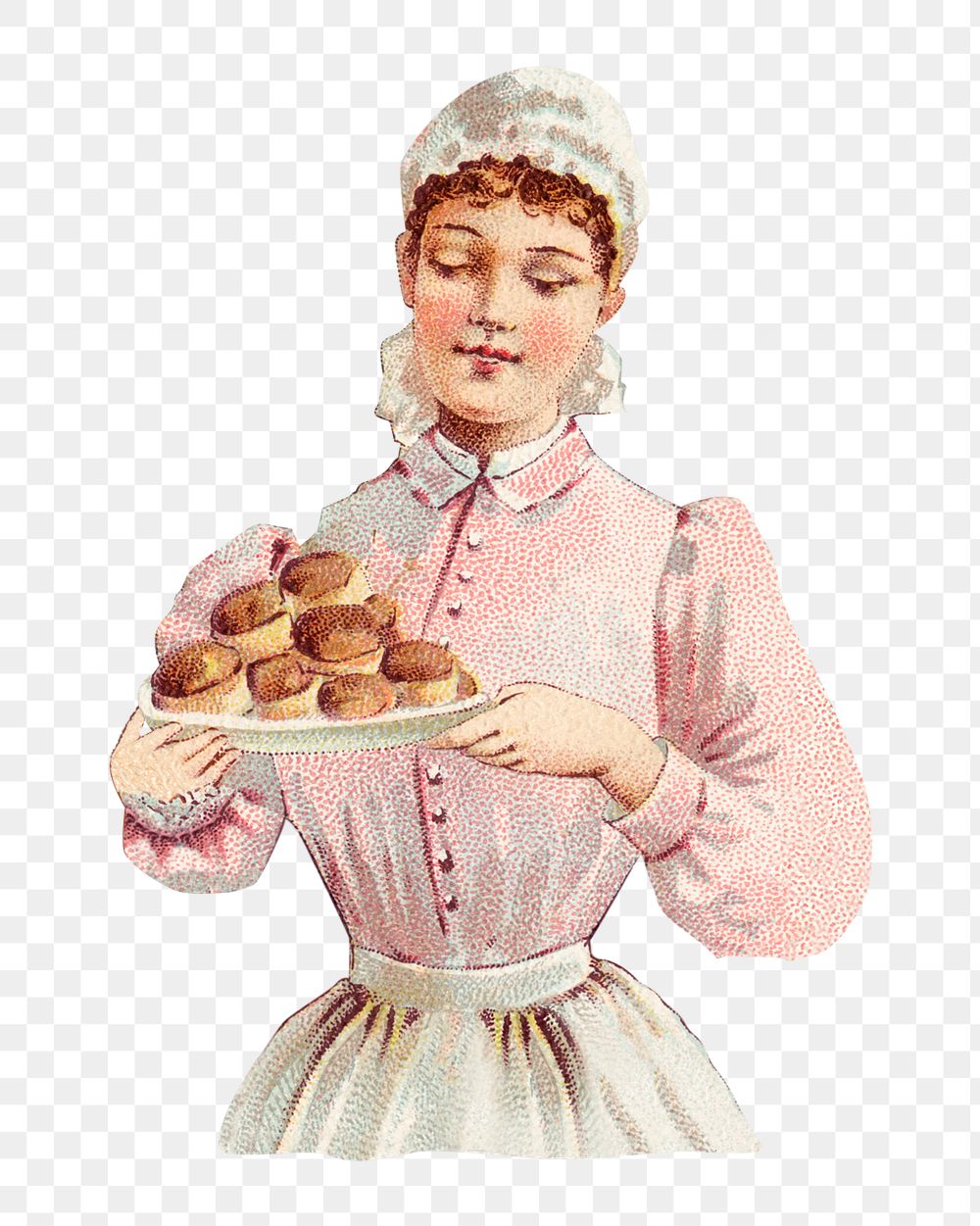 PNG Woman holding pastry plate, vintage illustration, transparent background. Remixed by rawpixel.