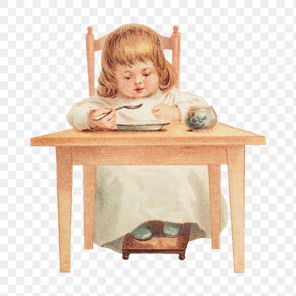 Vintage girl png eating lunch, transparent background. Remixed by rawpixel.