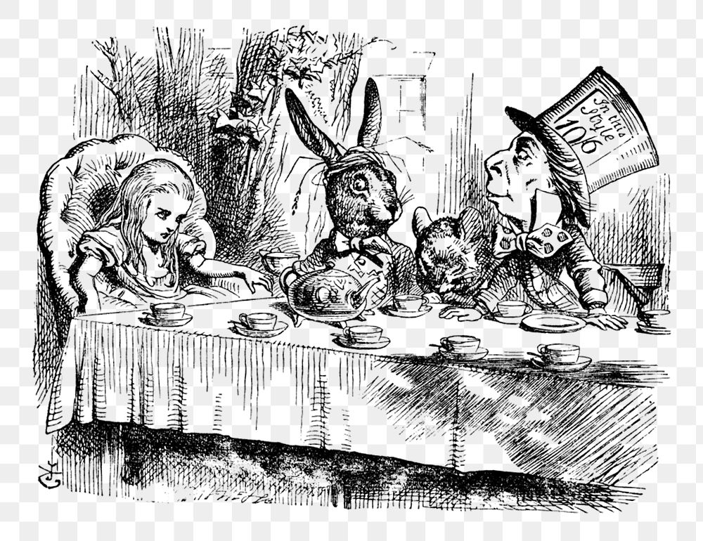Png A Mad Tea-Party from Alice's Adventures in Wonderland (1865) by John Tenniel collage element, transparent background