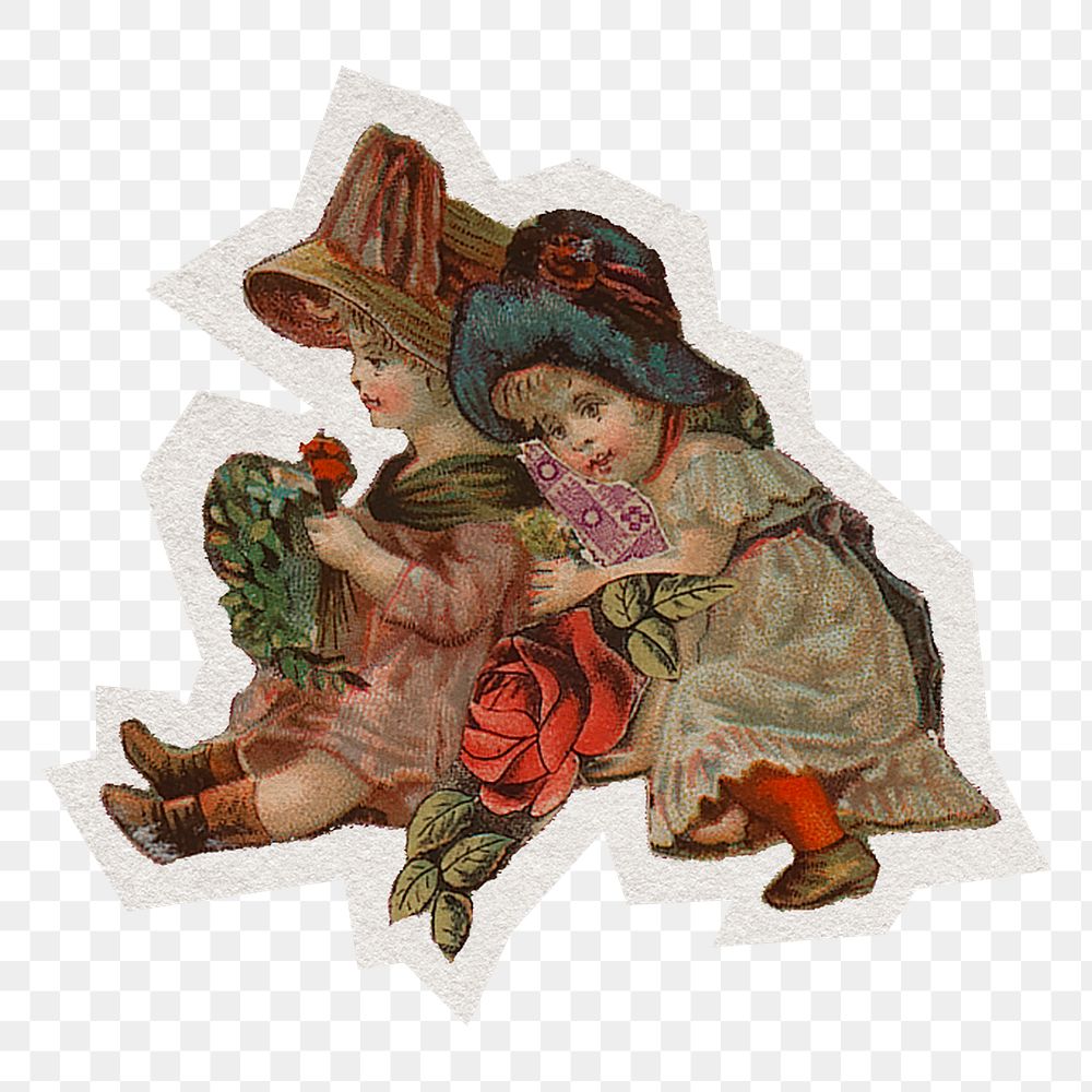 Little Victorian girls sticker, transparent background, remixed by rawpixel.