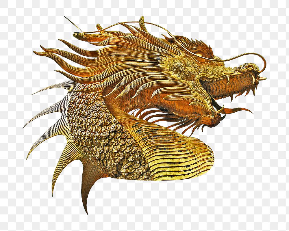 Gold dragon statue png, transparent background